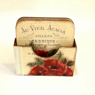 Poháralátét tartó négy pipacsos alátéttel. Alátétek mérete: 9x9 cm