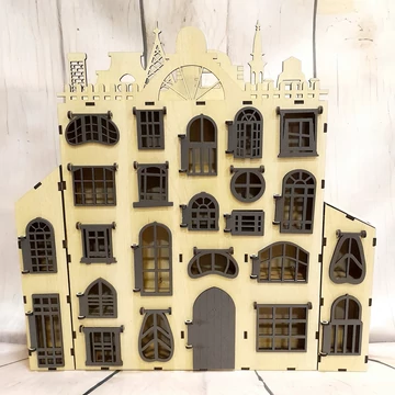 Adventi ház, nyitható ajtajú-ablakú kastély, HDF. Mérete: 39,5x38x6 cm