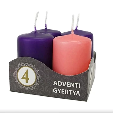 Adventi gyertyaszett 4 db-os, lila-rózsaszin. Magassága: 6 cm, átmérője: 3,7 cm.
