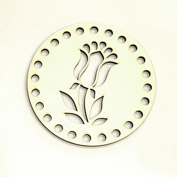 Kör alakú natúr dekortábla tulipán mintával. Mérete: 12 cm, lyuk mérete: 6 mm