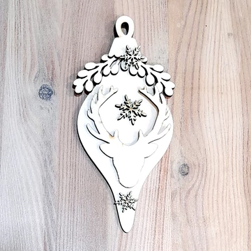 Natúr fa karácsonyfadisz, jégcsap szarvasfejjel, fagyönggyel. Mérete: 10x23,5x0,9 cm 