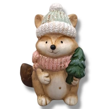 Sapkás róka fenyőfával, kerámia. Mérete: 8x11 cm