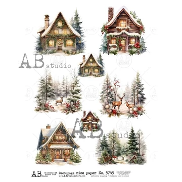 Rizspapir - havas házak, fenyők, őzek, 8 kép