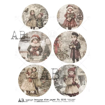 Rizspapir - gyerekek karácsonyfával, 6 kerek kép