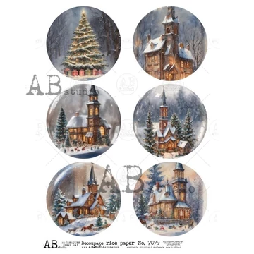 Rizspapir - 6 kerek kép, templomok és karácsonyfa