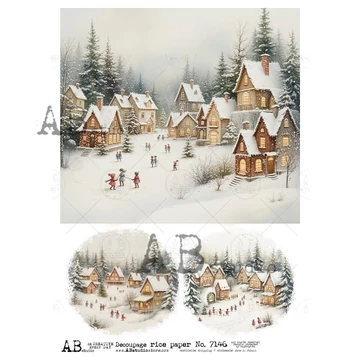 Rizspapir - téli táj házakkal, fenyőkkel