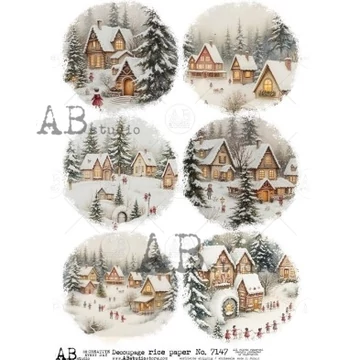 Rizspapir - 6 kerek kép, téli táj házakkal, fenyőkkel