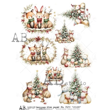 Rizspapir - aranyos állatok fenyőfával