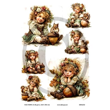 Rizspapír - őszi kislány mókussal, makkal