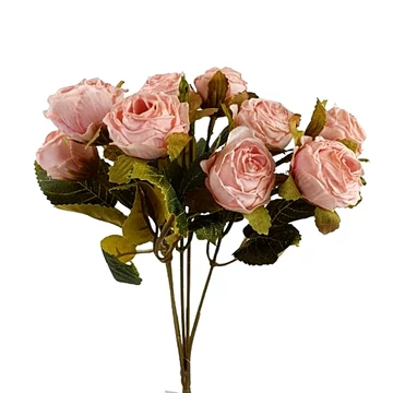 Szárított hatású műrózsa csokor, 10 fejes, rózsaszín. Hossza: kb. 27 cm