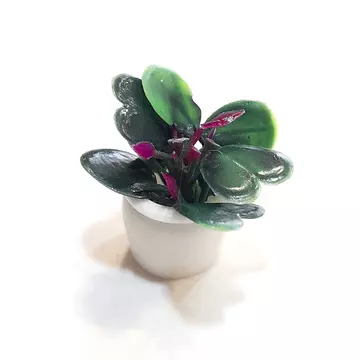 Pici műanyag zöld-bordó virág cserépben, cserép mérete: 15x12 mm