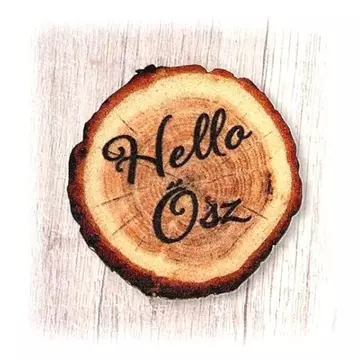 Nyomtatott fa korong &#039;Helló Ősz&#039; felirattal. Átmérője: 5 cm