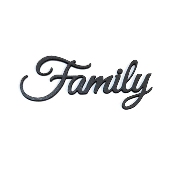 Fekete 'Family' felirat, HDF. Mérete: 10x4 cm