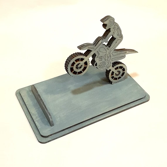 Crossmotoros telefontartó, acélkék. Mérete: 16x10x10,5 cm