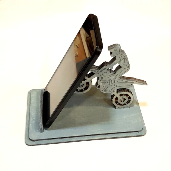 Crossmotoros telefontartó, acélkék. Mérete: 16x10x10,5 cm