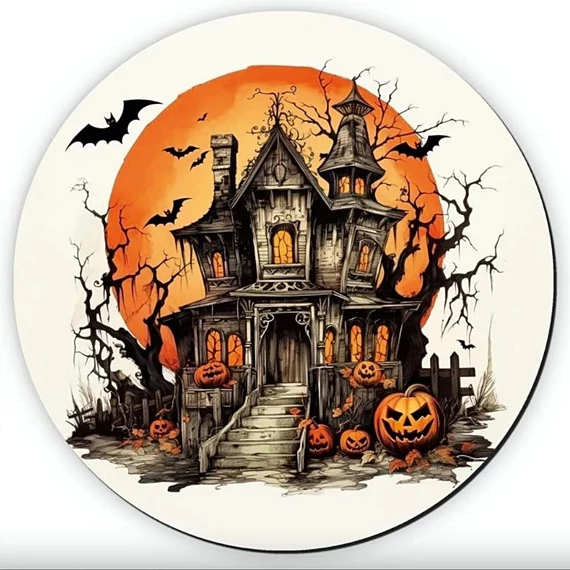 Nyomtatott dekortábla, koszorúközép - Halloween kastély. Mérete: 11,8 cm