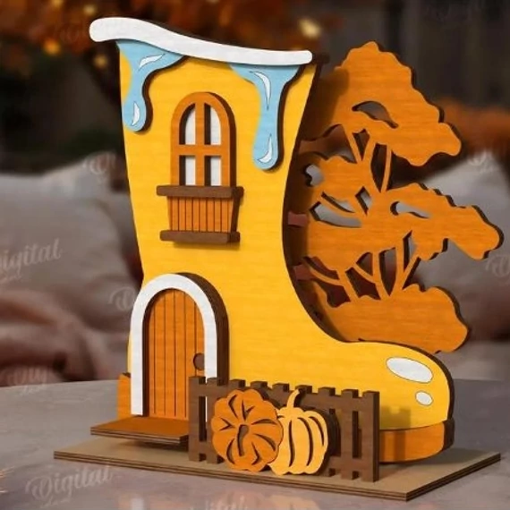 Csizmaház, talpas, MDF. Mérete: 14,5x16,5 cm
