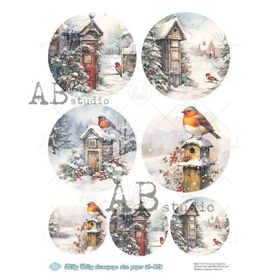 Rizspapir - téli kerek képek, 7 kép