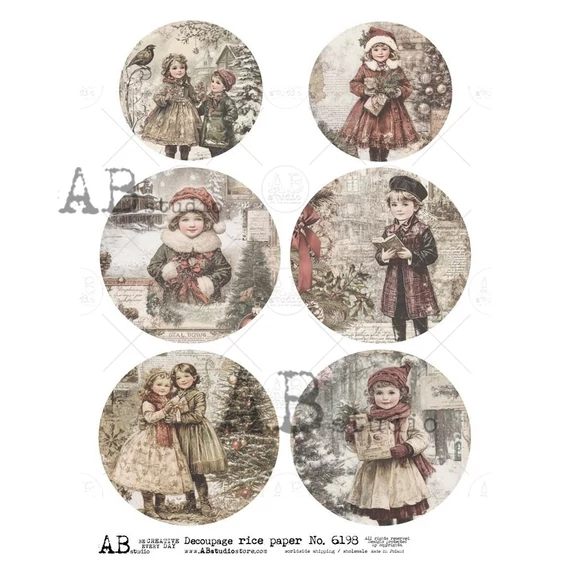 Rizspapir - gyerekek karácsonyfával, 6 kerek kép