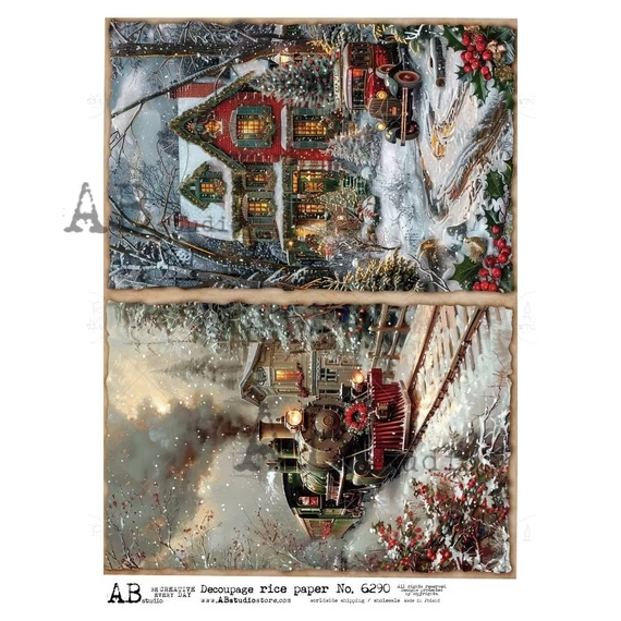 Rizspapir - karácsonyi mozdony és ház