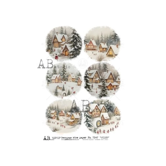 Rizspapir - 6 kerek kép, téli táj házakkal, fenyőkkel