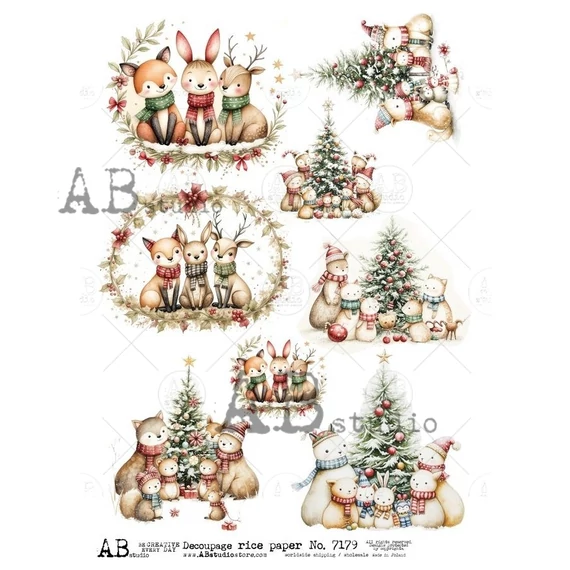 Rizspapir - aranyos állatok fenyőfával