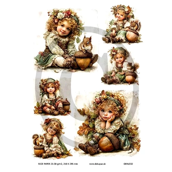 Rizspapír - őszi kislány mókussal, makkal