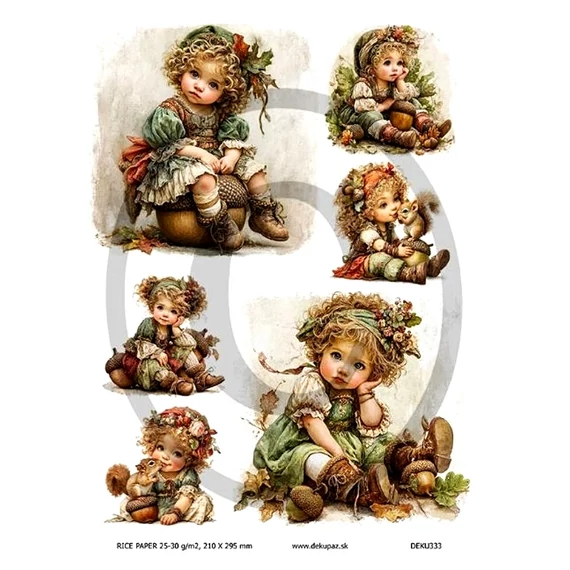 Rizspapír - aranyos kislány mókussal, makkal