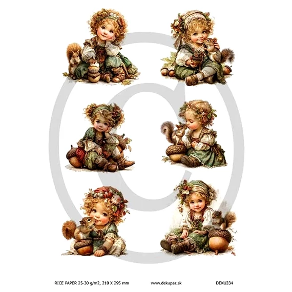 Rizspapír - vintage kislány mókussal, makkal