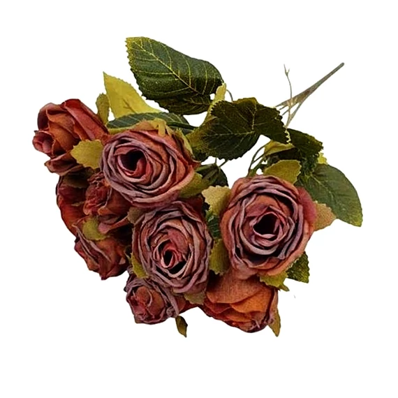 Szárított hatású műrózsa csokor, 10 fejes, barna. Hossza: kb. 27 cm