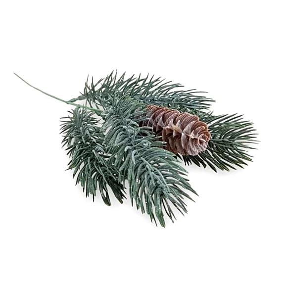 Mű csillámos ezüstfenyő szál tobozzal, zöld. Mérete: 32 cm
