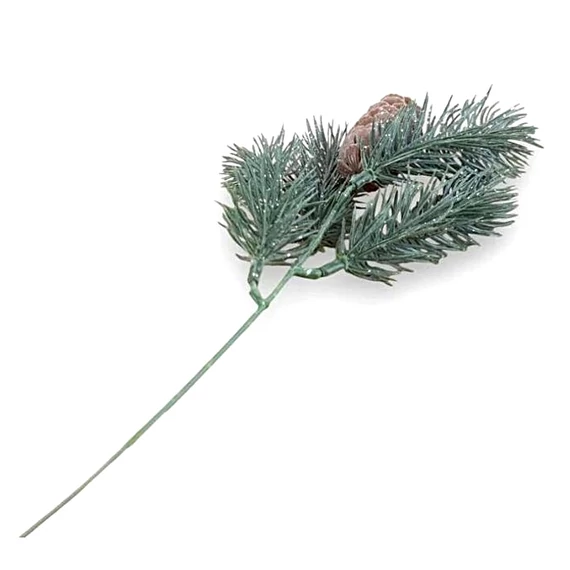 Mű csillámos ezüstfenyő szál tobozzal, zöld. Mérete: 32 cm