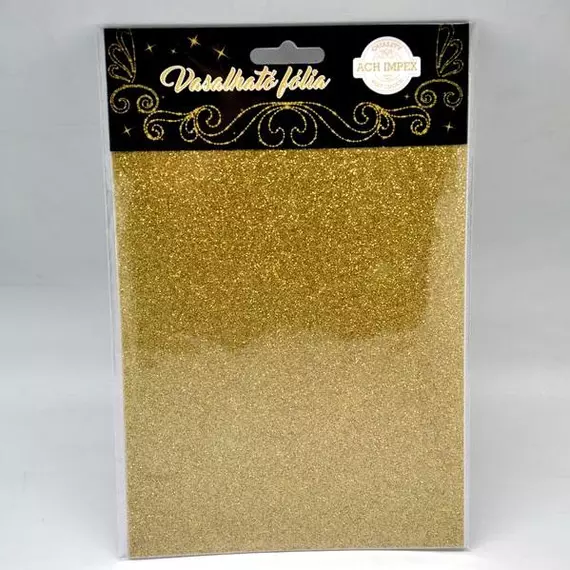 Vasalható glitteres fólia (textilre), arany, 2 lap/csomag. Mérete: A5